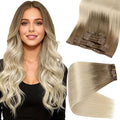 Full Shine Human Hair Clip in Extensions Brown Ombre Hair Extensions Clip ins Light Brown Ombre Platinum Blonde Short Clip ins Full Head 12 Inch 8 PCS 95 G
