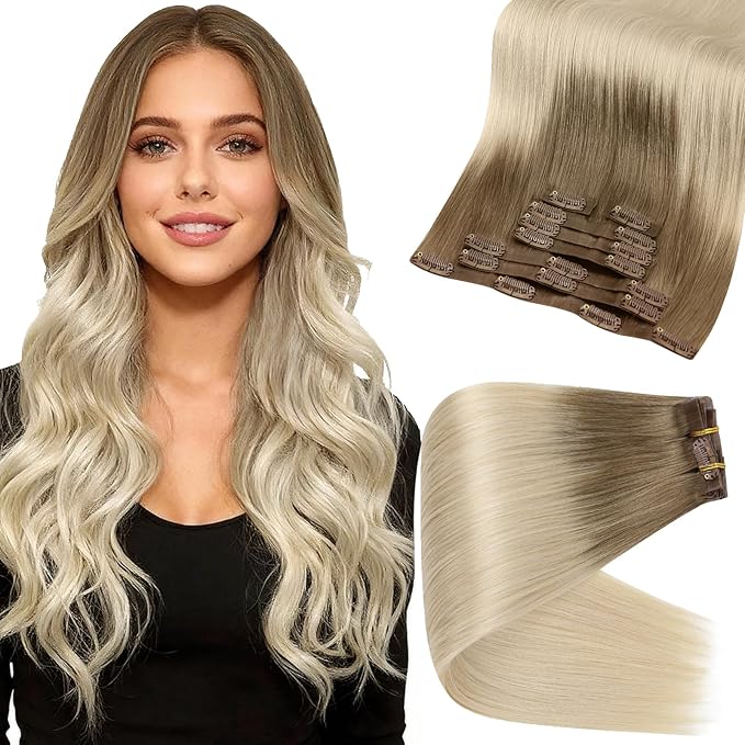 Full Shine Ombre Seamless Clip in Hair Extensions Ash Brown Ombre Platinum Blonde for Women Invisible Remy Hair Extension Clip ins 16 Inch 120 Grams 8 PCS