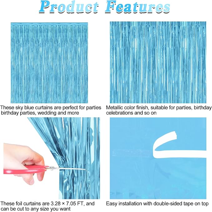 8 Pack Party Decorations, 3.28 FT x 7.05 FT Party Streamer, Metallic Sky Blue - Image 4