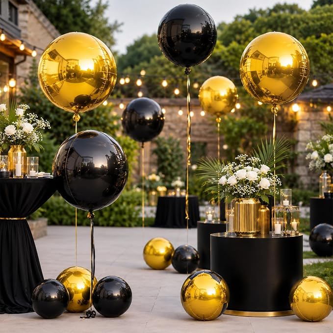 15 Pcs Black and Gold Round Foil Balloons, 22/15/10 Inch 4D Ball Balloons Black - Image 5