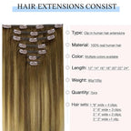 DOORES Hair Extensions Clip in Human Hair, Medium Brown Highlighted Dirty Blonde 14 Inch 7pcs 100g, Real Extensions Clip in Remy Straight Balayage Natural Thick Weft