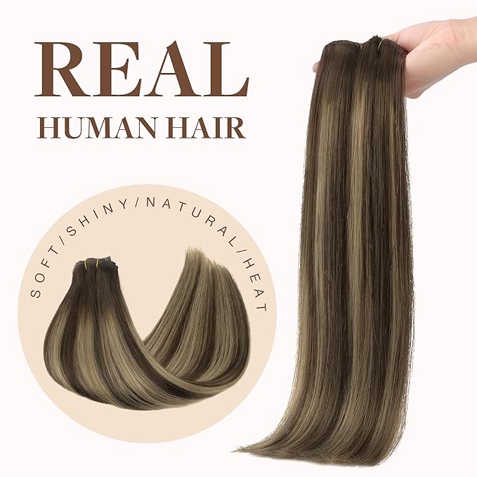GOO GOO Clip in Hair Extensions Real Human Hair, Remy Human Hair Extensions Clip ins for Women, Natural Human Hair, 18inch 130g 7Pcs, 4/26/4 Balayage Chocolate Brown to Honey Blonde