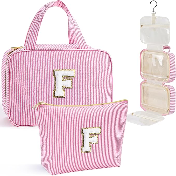 YOOLIFE Gifts for Friends - Friendship Gifts for Women, Travel Toiletry Bag for Women, Hanging Toiletry Bag, Monogrammed Initial Tolietry Pouch Makeup Bag - Letter F, Pink