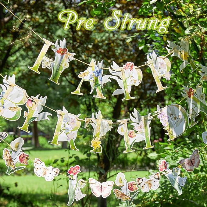 SUNBEAUTY Wildflower Butterfly Happy Birthday Banner Spring Floral Birthday - Image 2