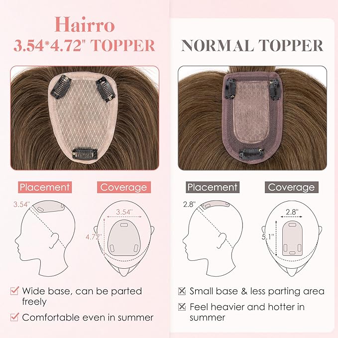 Hairro Human Hair Toppers with Wispy Bangs, 3.5x4.7" Hand-wovened Base for Women with Thinning Hair, Lightweight & Breathable Realistic Scalp, Clip-in Hairpieces for Easy Wear, 14 Inch Cocoa Brown