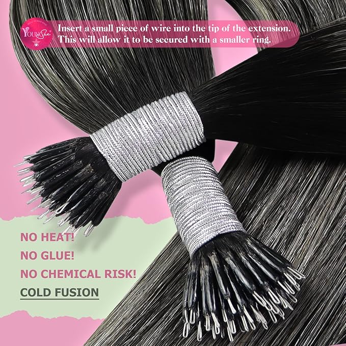 YoungSee Nano Beads Hair Extensions Ombre Nano Ring Extensions Human Hair Black Balayage Nano-Link Hair Extension Ombre Black to Silver Nano-Extension Human Hair for Women 50g 50s 14 Inch