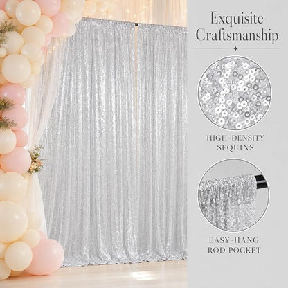 ShinyBeauty 4 Panels Silver Sequin Backdrop Curtains 2x8ft Birthday Party | - Image 2