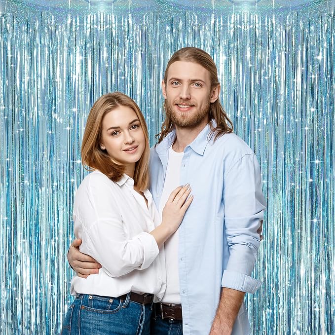 Voircoloria Laser Light Blue Fringe Backdrop Curtains, 3 Pack | Tinsel Streamers - Image 6