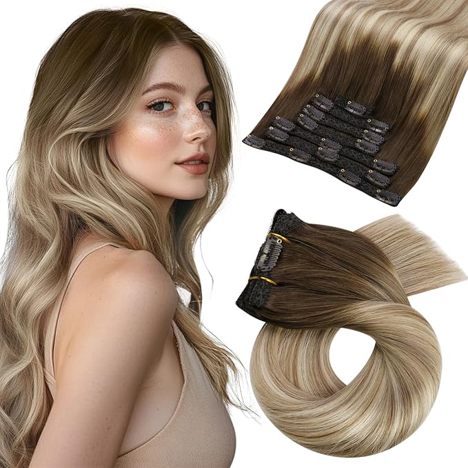 Moresoo Balayage Clip in Hair Extensions Remy Double Weft Hair Extensions Clip in Human Hair Ombre Brown to Light Brown with Golden Blonde 7Pcs 120G 22inch