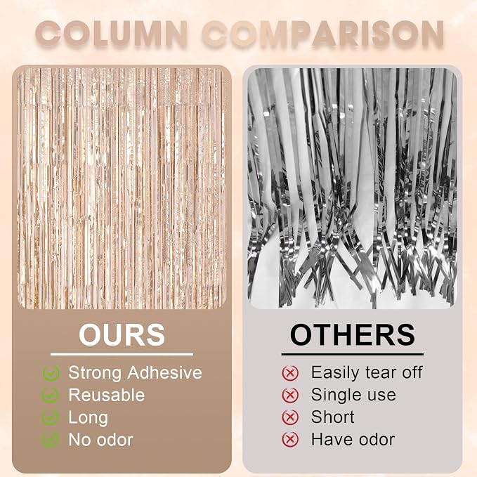 Voircoloria Laser Champagne Foil Backdrop Curtains, 3 Pack | Tinsel Streamers - Image 6