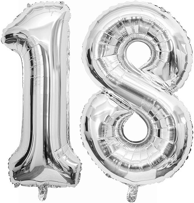 Silver 18 Number Balloons, 40 Inch Giant Number 18 Balloons Foil Mylar Helium by Lovoir