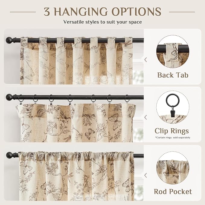 Taupe Floral Linen Curtains Farmhouse Rod Pocket 50W X 90L 2 Panels | Charlotte - Image 8