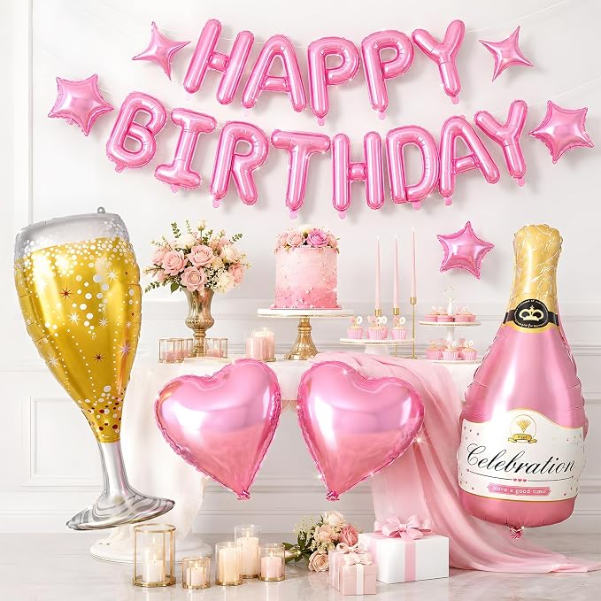 Pink Happy Birthday Balloons Banner, Star Heart Balloons, Champagne Bottle - Image 8