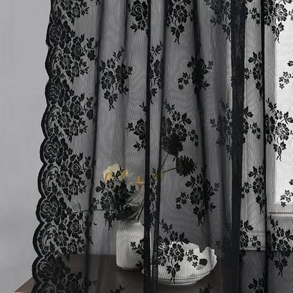 Kotile Black Lace Curtains, Gothic Rustic Floral 52 x 120 Inch, 2 Panels | Rod - Image 6