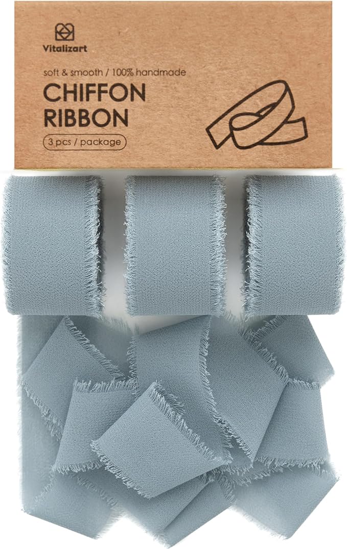 Vitalizart Dusty Blue Chiffon Silk Ribbon 1" x 21 Yd Fringe Fabric Package by Vitalizart