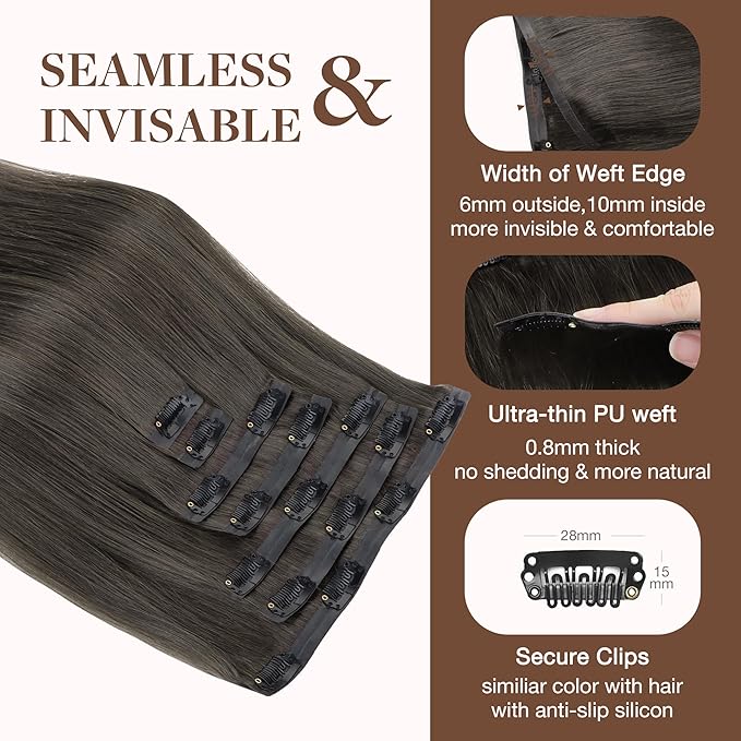 GOO GOO Clip in Hair Extensions Real Human Hair, Remy Human Hair Extensions Clip ins for Women, Natural Human Hair, 20inch 150g 7Pcs, 1C Mocha Brown