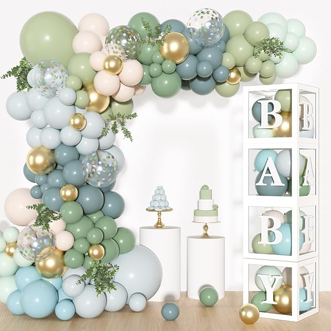 153Pcs Dusty Blue Sage Green Balloons Arch Kit Baby Shower Decorations | Fog by Amandir
