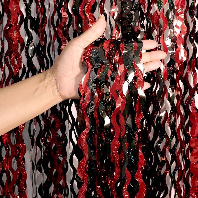 4 Pack 3.3x6.6 ft Red and Black Foil Fringe Backdrop Curtains by CYLMFC