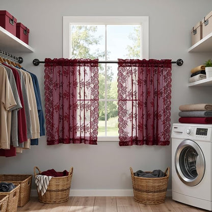 Kotile Short Burgundy Lace Curtains Rustic Floral W42 x L30 Inch, 2 Panels | - Image 7