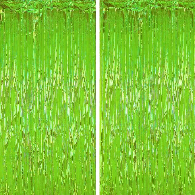 Voircoloria Green Iridescent Fringe Backdrop Curtains, 2 Pack | Tinsel Streamers by Voircoloria