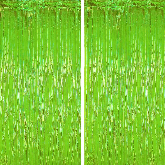 Voircoloria Green Iridescent Fringe Backdrop Curtains, 2 Pack | Tinsel Streamers by Voircoloria