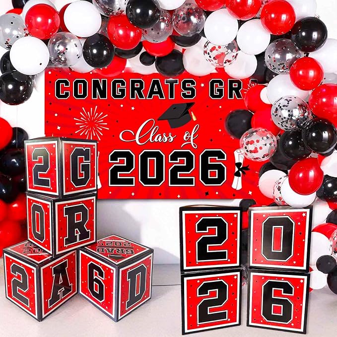 Graduation Decorations 2026 Black Red and White Balloon Boxes, Class of 2026 by Unknown