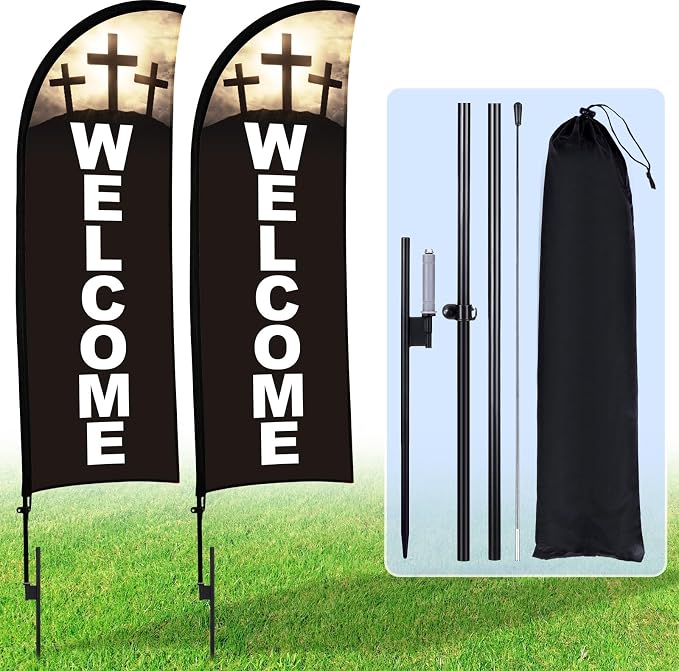Buryeah 2 Sets Welcome Feather Flag Sign Kit Welcome Banners Swooper Flag by Buryeah