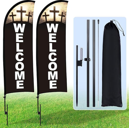 Buryeah 2 Sets Welcome Feather Flag Sign Kit Welcome Banners Swooper Flag by Buryeah