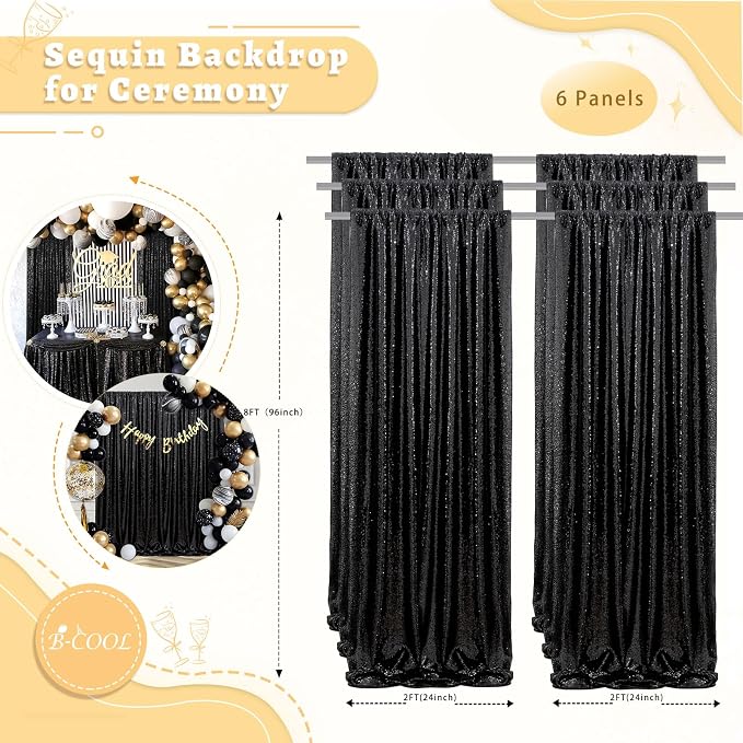 Black Sequin Curtains Backdrop 6 Pcs 2FTx8FT Shiny Curtains Drapes | Glitter - Image 4
