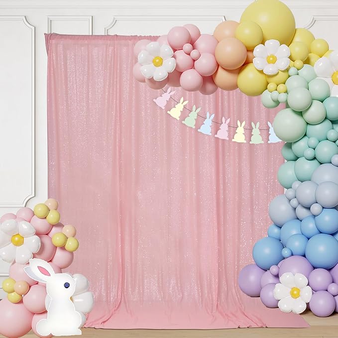 PartyDelight Pink Sequin Backdrop 6x7ft Sparkly Photo Curtain | 4 Inch Rod by PartyDelight
