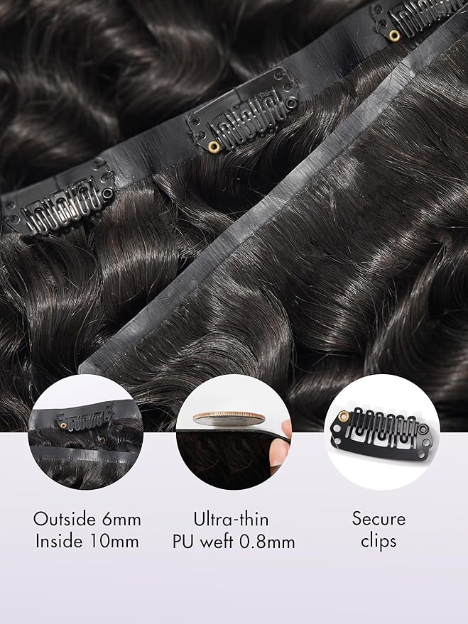 LUVME Clip in Hair Extensions Real Human Hair, Natural Black 135g 9pcs 18 Inch, Human Hair in Extensions for Women Clip ons Thick Loose Deep Wavy Extensions