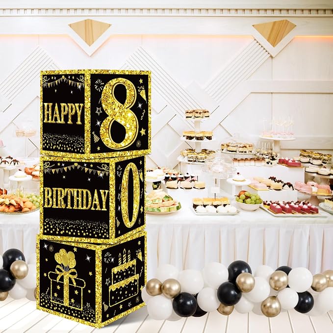 Eiurteao 3pcs Black Gold 80th Birthday Decorations Boxes - Image 4
