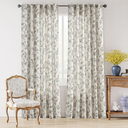 Black Floral Linen Curtains Farmhouse Rod Pocket 50W X 84L 2 Panels | Charlotte - Image 2