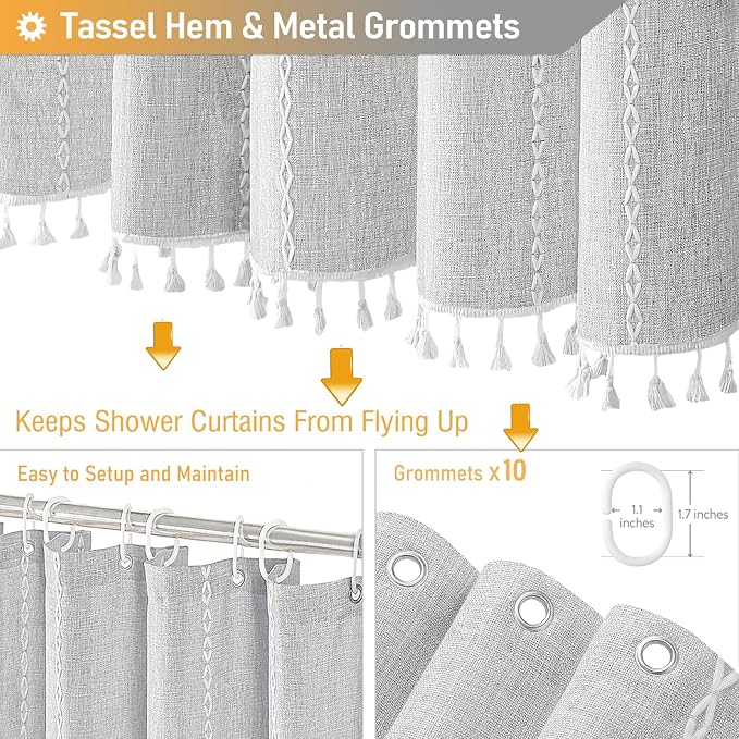 60x72 Boho Farmhouse Linen Heavy Duty Shower Curtain Set, 330GSM Linen Blend - Image 5
