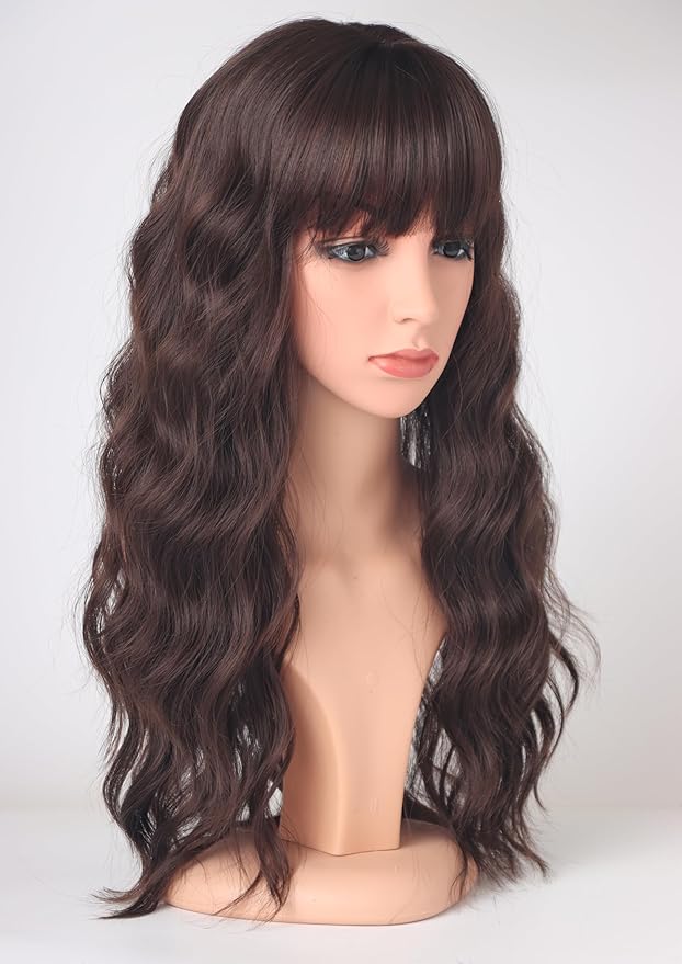 Medium Long Brown Wavy Wigs For Women Synthetic Full Hair Wigs With Bangs For Daily Use (brown)
