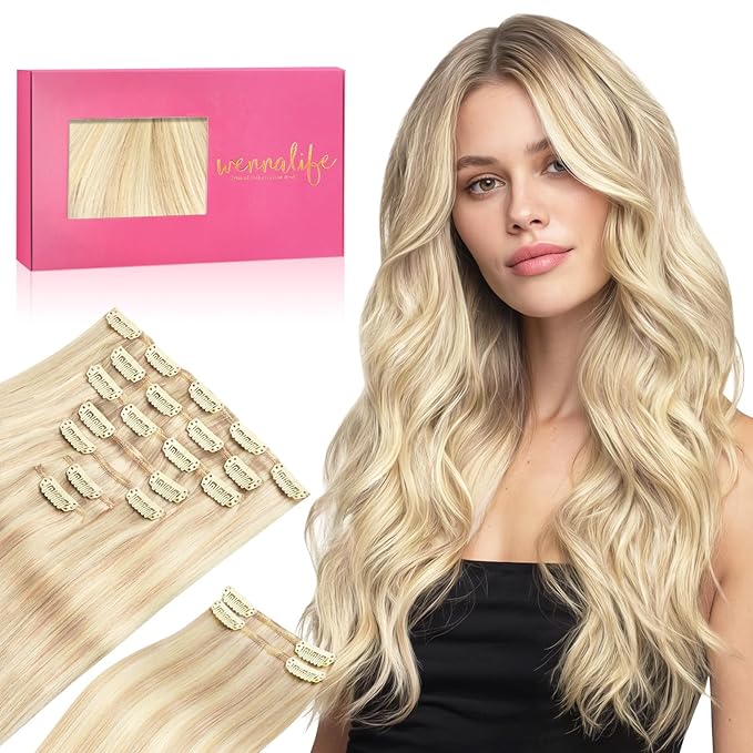 WENNALIFE Clip in Hair Extensions, 150g 14 Inch 9pcs Balayage Light Wheat Platinum Blonde Remy Hair Thicker Double Weft Extensiones De Cabello Humano Con Clip Ins Straight Full Volume