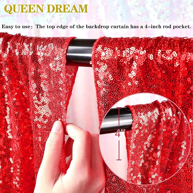 Red Curtains Birthday Sequin Backdrop, 3 Pack 2ft x 8ft Party Background | - Image 3