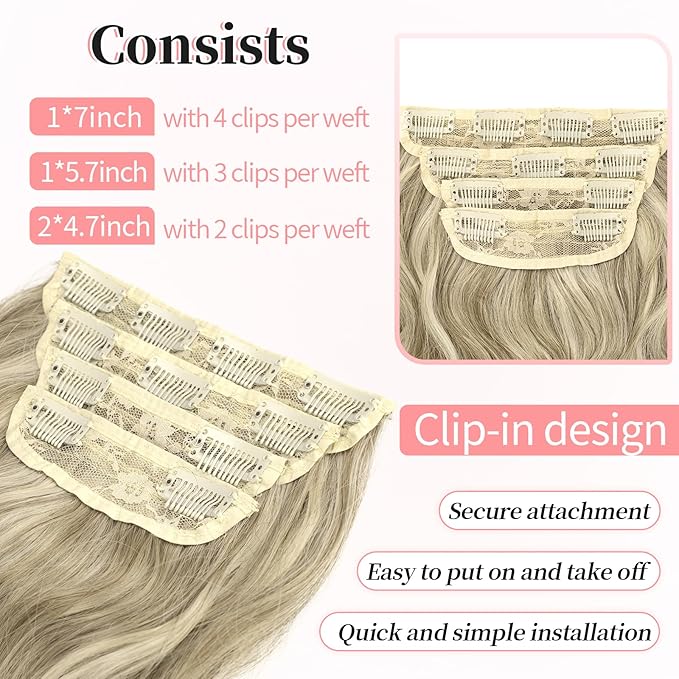 KooKaStyle Clip in Synthetic Highlight Hair Extensions Long Wavy 4PCS Thick Hairpieces Ashy Beige Blonde Balayage Fiber Double Weft Natural Hair Extensions 24 Inch for Women