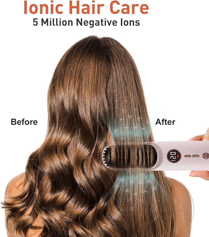 TANSHINE Cordless Hair Straightener Brush with 6000mAh Battery, Negative Ions & LCD Display - Portable Straightening Comb for Travel,Rechargeable Mini Hot Straightening Comb for Women,Pink