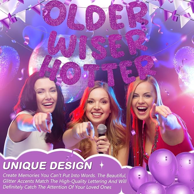 Fulmoon Set of 3 Pre Strung Older Wiser Hotter Glitter Banner Funny Birthday - Image 5