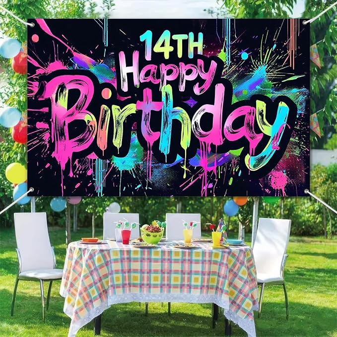 HOMETITUTE Glow in The Dark 14th Birthday Banner 71x43 Inch Colorful Paint - Image 6