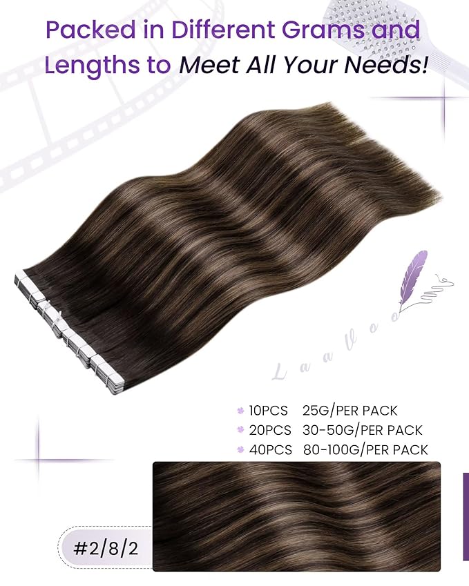 LaaVoo Ombre Tape in Hair Extensions Human Hair Dark Brown to Light Brown Tape in Human Hair Extensions Balayage Hair Extension Tape on Silky Straight Hair 12 inch 30g 20pcs
