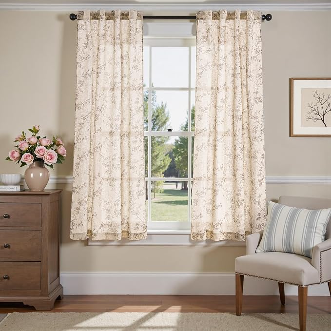 jinchan Taupe Floral Linen Curtains 63 Inch Flower Drapes Back Tab 2 Panels | - Image 2