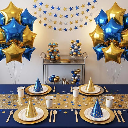 Blue Gold Star Foil Balloons, 18 Inch Metallic Blue and Gold Stars Balloon - Image 4