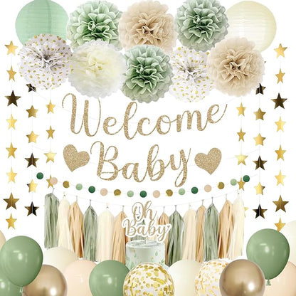 Amandir Sage Green Baby Shower Decorations Welcome Baby Banner | Green Balloons - Image 8