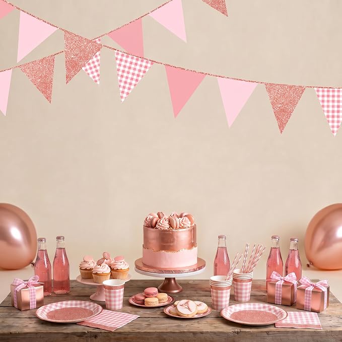 Dusty Rose Pink Buffalo Plaid Rose Gold Party Decorations Pennant Banner Flag - Image 9