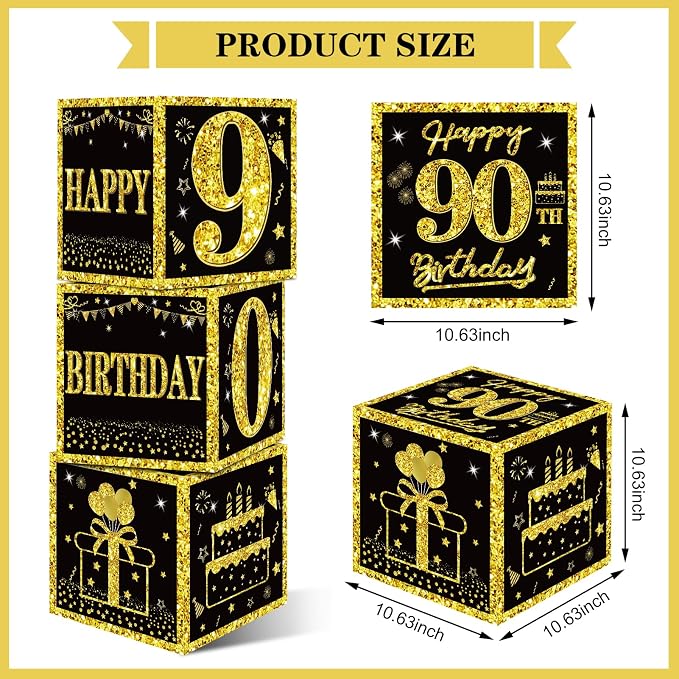 Eiurteao 3pcs Black Gold 90th Birthday Decorations Boxes - Image 3