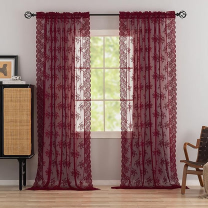 Kotile Burgundy Lace Curtains for Living Room Floral 52 x 80 Inch 2 Panels | - Image 6