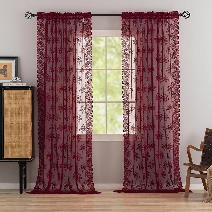 Kotile Burgundy Floral Sheer Curtains - Image 6