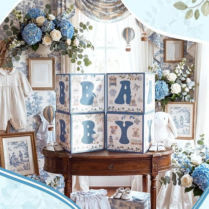 Kathfly 4 Pcs Blue Safari Baby Shower Decoration Blue Toile De Jouy Chinoiserie - Image 5